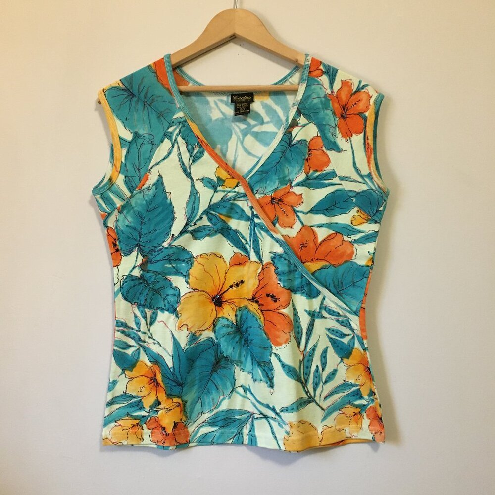VTG Y2K Cotton Cactus Cyan Orange Sequin Faux Wrap Babydoll Tee L